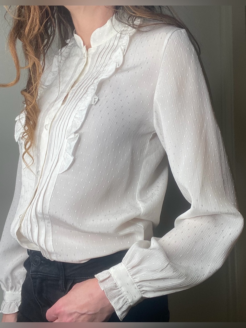 Vintage delicate white satin ruffle chest and sleeve tuxedo blouse Size S